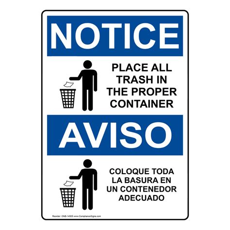 Vertical Place Trash In Proper Container Bilingual Sign Osha Notice