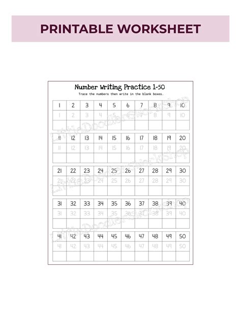 1 50 Number Writing Worksheet Digital Download Preschool And Etsy