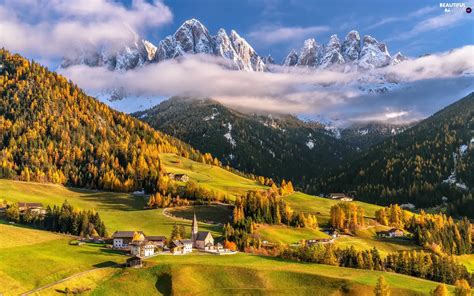 Dolomites Mountains Italy Autumn Trees Viewes Village Santa