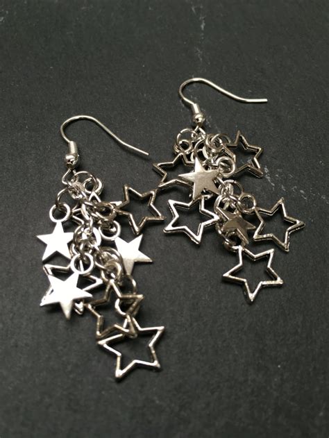 Silver Star Earrings Dangly Star Earrings Dangle Drop Etsy Uk