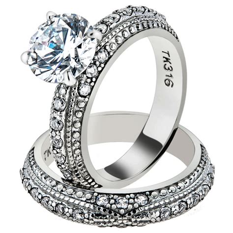 Stainless Steel 325 Ct Round Cut Cz Vintage Wedding Ring Set Womens Size 5 10