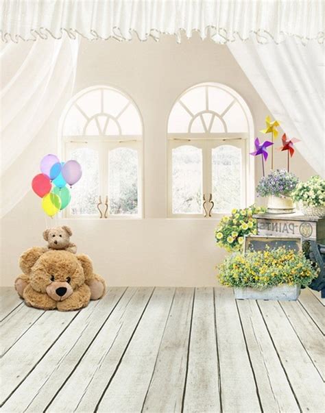 5x7ft Wooden Floor Cute Bear Flowers Photography Backdrops Photo Props