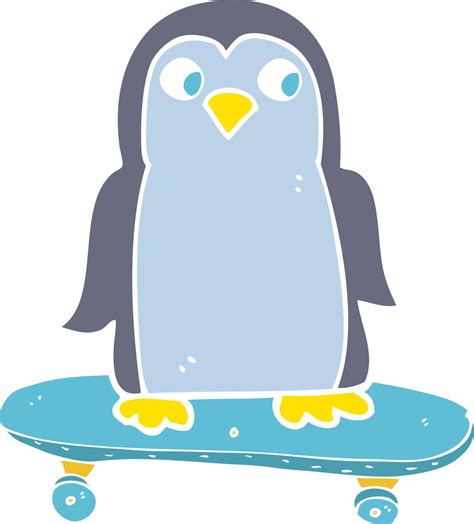 Flat Color Illustration Of A Cartoon Penguin Riding Skateboard