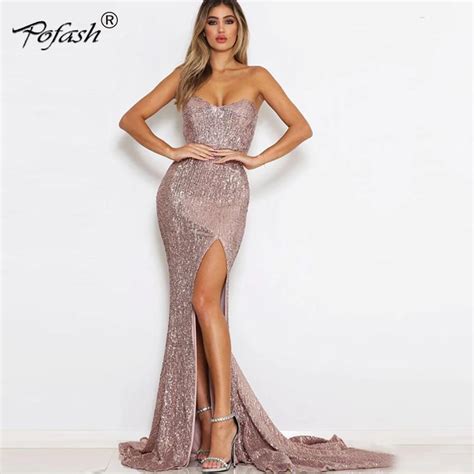 POFASH Sexy Pink Shiny Sequin Maxi Party Dress Off Shoulder Long Lining Low Cut Floor Length
