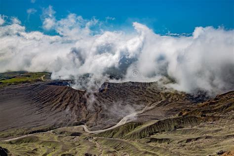 Scenic View On Volcanic Landscape Clouds In Aso Crater Aso Town Stock