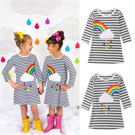 Focusnorm Kids Baby Girls Dress Toddler Striped Flower Rainbow Princess