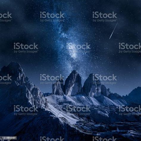 Milky Way Over Tre Cime In Dolomites Dolomites At Night Stock Photo