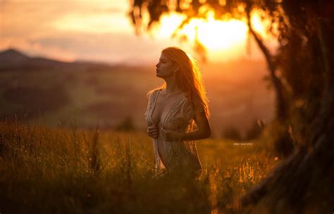 Wallpaper Sunlight Trees Women Outdoors Model Blonde Depth Of Field Sunset Looking Away