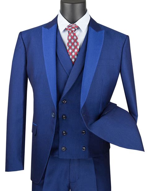 Vinci Slim Fit 3 Piece Suit 1 Button With Double Breasted Vest Blue