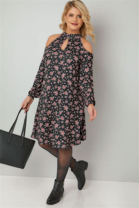 Limited Collection Black And Multi Ditsy Floral Print Cold Shoulder Dress