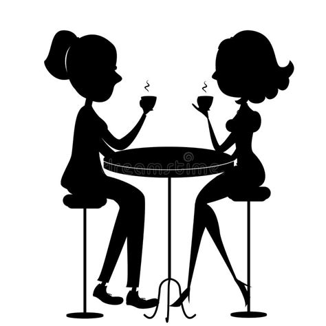 Two Lovers Women Drinking Coffee Vector Black Silh Stock Vector