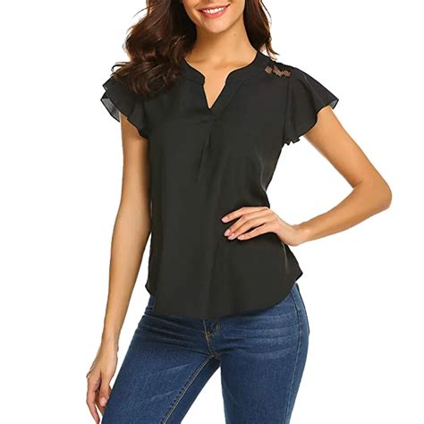 Chiffon Blouse Women Clothes 2019 Black Vintage V Neck Short Sleeve Womens Tops And Blouses