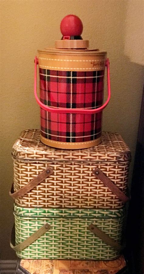 vintage plaid thermos and tin picnic baskets vintage thermos vintage tins vintage plaid