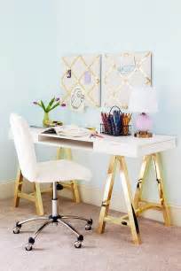 Gold Sawhorse Desk With Sheepskin Task Chair Contemporary Girls Room