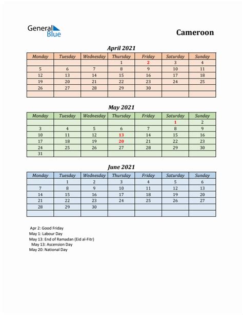 Three Month Calendar For Cameroon Q2 Of 2021