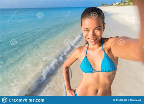 Selfie Beach Fun Bikini Woman Smiling At Camera Taking Picture On