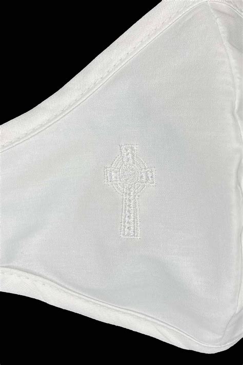 Adult Embroidered White Celtic Cross 100 2 Ply Cotton Face Shaped Mask