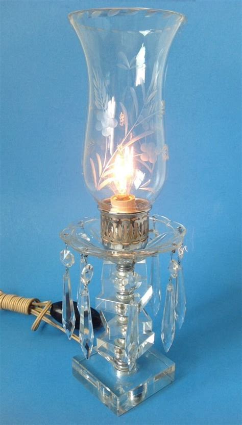 Vintage Crystal Prism Hurricane Boudoir Lamp W Floral Etched Shade Square Base Hurricane Lamps