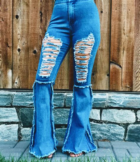 New Item High Waisted Distressed Bell Bottom Jeans Medium Denim Rbelle Boutique