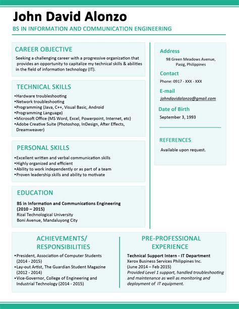Research the company you are applying to, and work your resume as best as you can to fit into the. Sample resume format for fresh graduates (One-page format ...