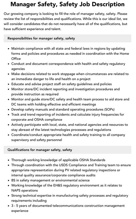 Manager Safety Safety Job Description Velvet Jobs