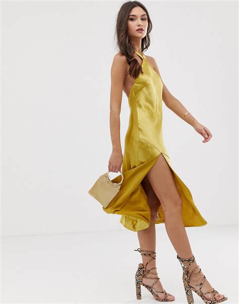 Buy Asos Design Midi Dress With Halter Neck Detail In High Shine Satin Off 72