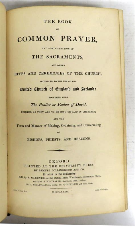 The Book Of Common Prayer By Church Of England Printed At The