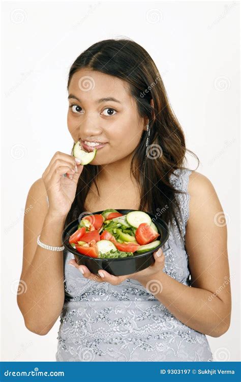 Girl Eating Salad Stock Image Image Of Lovely Background 9303197
