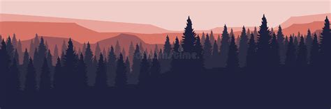 Sunset At Forest Mountain Vector Illustration Stock Vector