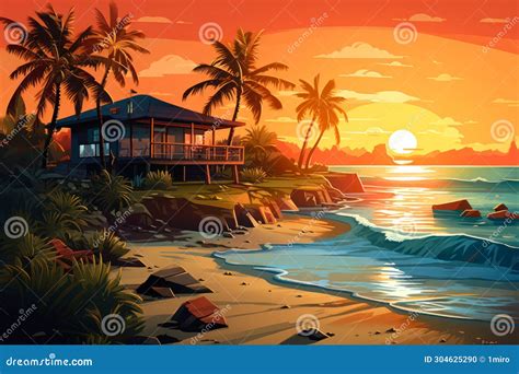 Summer Tropical Landscape With Bungalow On Ocean Beach With Sunset Ai