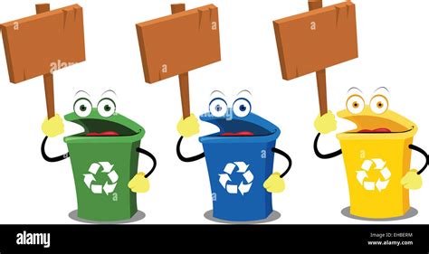 Three Funny Recycling Bins Holding Some Wooden Signs Stock Photo Alamy