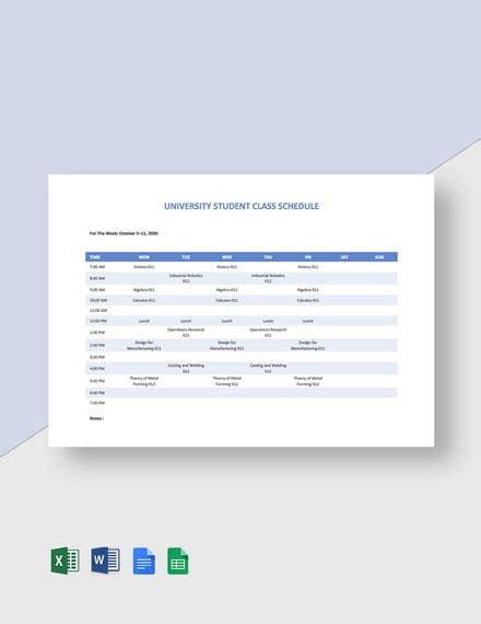 Free University Student Class Schedule Template