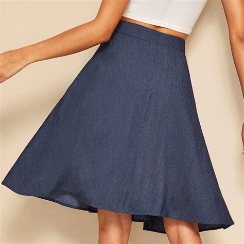 Women A Line Flared Skirts Navy Solid Mid Waist Midi Skirts Power Day