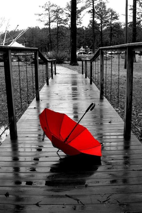Black And White Color Splash Rain Photography Red Umbrella White