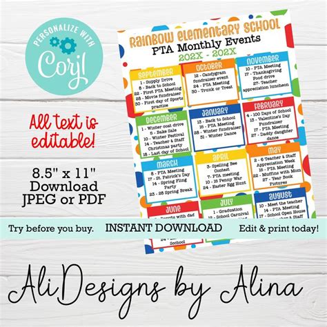 Editable Pta Pto Monthly Events Calendar Instant Download Etsy In