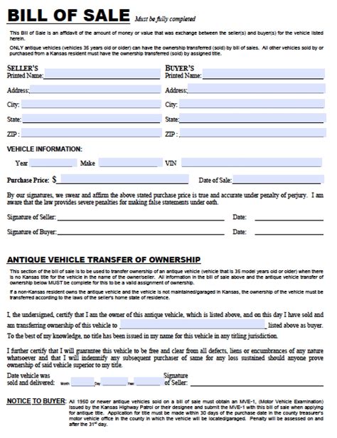 Free Kansas Dmv Vehicle Bill Of Sale Tr 12 Form Pdf Word Doc