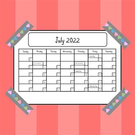 Free July Printer Friendly Special Days Calendar Petal Resources