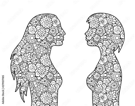 Two Lesbian Girls Silhouettes With Floral Pattern Black And White Vector Image Antistress
