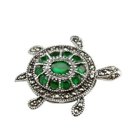 Sterling Silver And Green Gemstone Turtle Brooch Pin Turtle Brooch