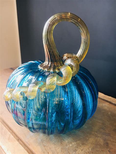 Aqua Blue Jewel Tone Hand Blown Glass Pumpkin With Iridescent Etsy