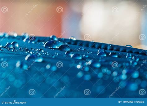 Rain Water Droplets On Blue Waterproof Fabric Stock Photo Image Of