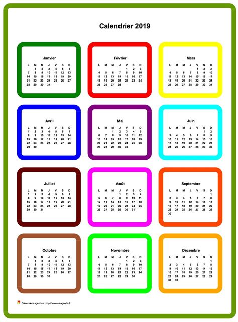 Calendrier 2019 Annuel En Couleurs