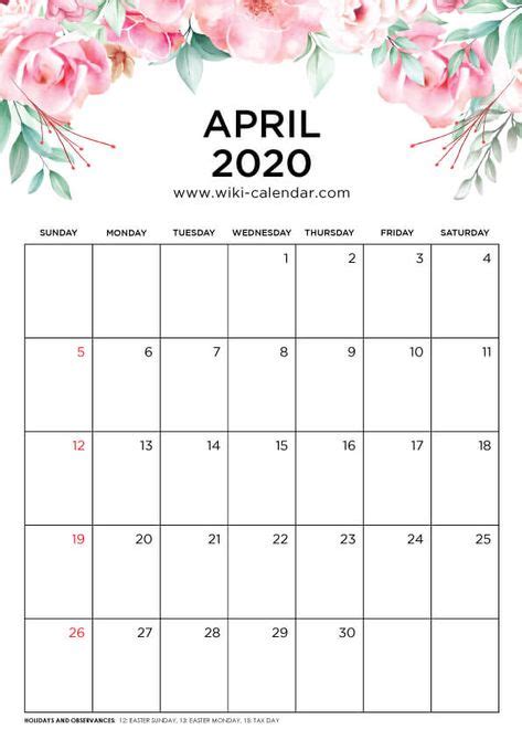 Free Printable 2020 Floral Calendar Calendar For April Print Calendar