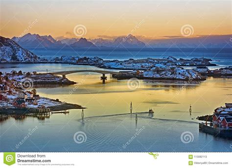Beautiful Sunrise Landscape Of Picturesque Fishing Village In Lofoten
