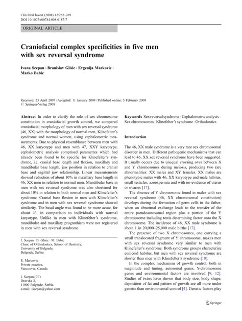 Pdf Craniofacial Complex Specificities In Five Men With Sex Reversal Syndrome