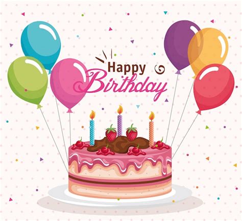 Premium Vector Happy Birthday Cake With Balloons Air Celebration Card