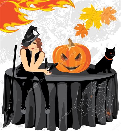 Halloween Witch With A Bat Cat And Pumpkin Sitting On The Table Stock Vector Image By