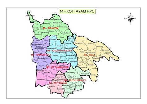 The map shows the names of the largest cities. Constituencies | Kottayam District, Government of Kerala | India
