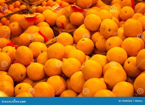 Bunch Of Fresh Mandarin Or Oranges On Market Table Many Oranges