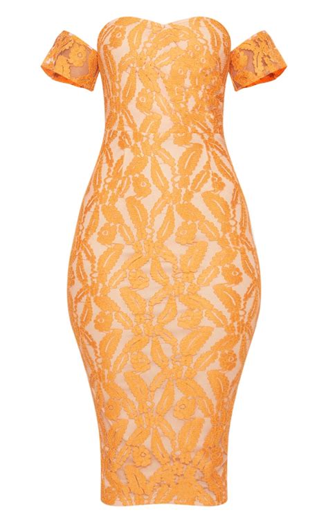 tangerine lace bardot midi dress dresses prettylittlething